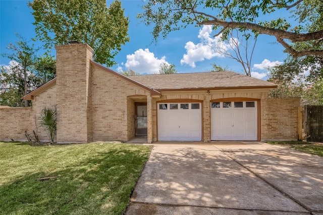 single story home with a front yard and a garage