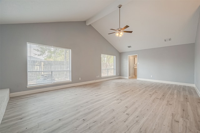 unfurnished living room featuring light wood-type flooring, high vaulted ceiling, beam ceiling, and ceiling fan