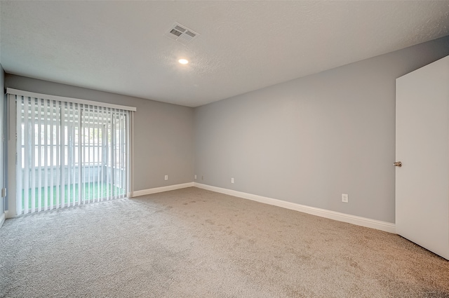 unfurnished room with carpet and a textured ceiling