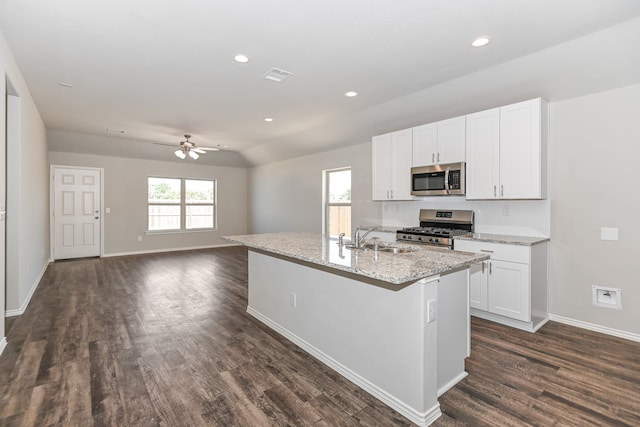 kitchen with white cabinets, appliances with stainless steel finishes, dark hardwood / wood-style floors, and ceiling fan