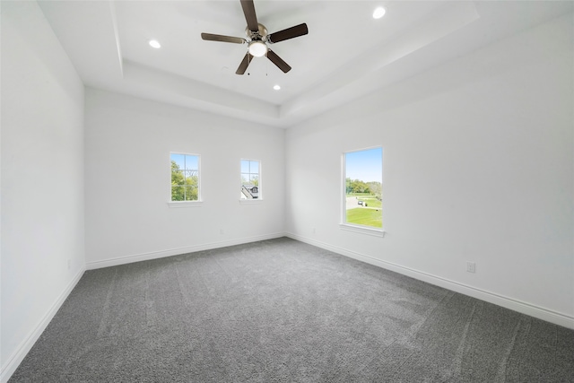 empty room with a raised ceiling, a wealth of natural light, ceiling fan, and carpet