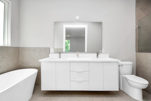 bathroom featuring vanity, toilet, a bathtub, and a wealth of natural light