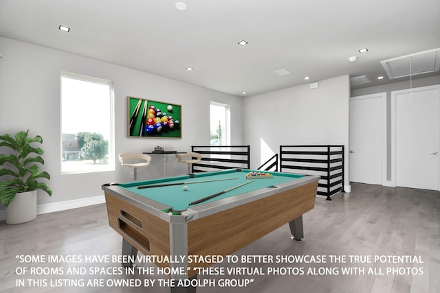 playroom featuring pool table and light hardwood / wood-style floors