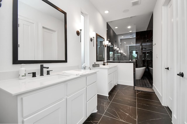 bathroom featuring tile patterned flooring, independent shower and bath, and vanity