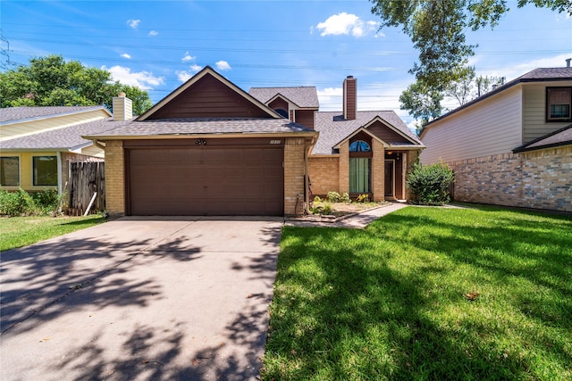 ranch-style house with a garage and a front yard