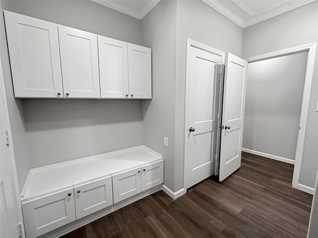 mudroom featuring dark hardwood / wood-style floors and ornamental molding