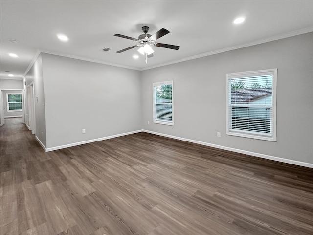 unfurnished room with crown molding, hardwood / wood-style flooring, and ceiling fan