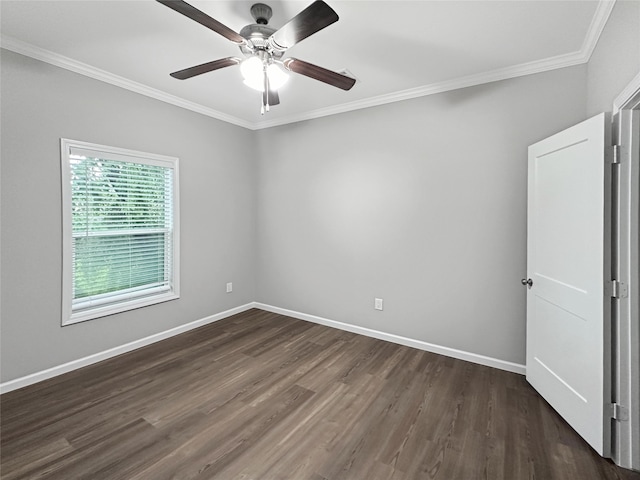 spare room with ceiling fan, ornamental molding, and wood-type flooring