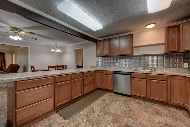 kitchen featuring kitchen peninsula, backsplash, stainless steel dishwasher, sink, and pendant lighting