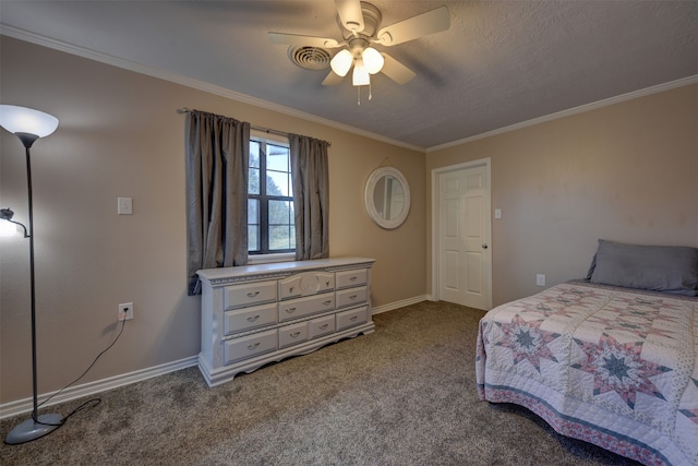 bedroom with carpet, ceiling fan, and crown molding