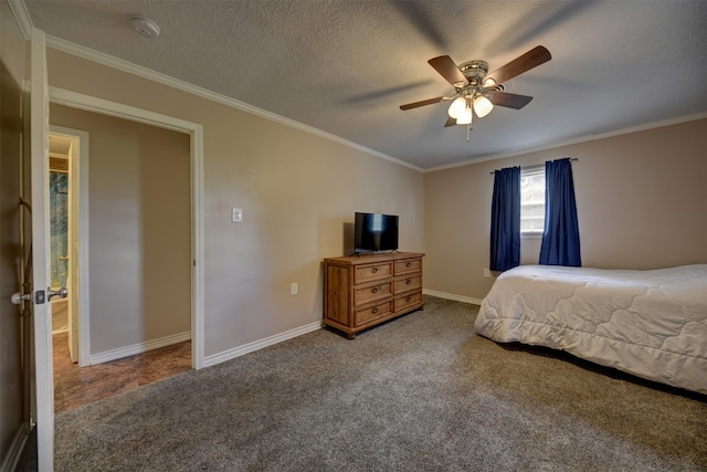 carpeted bedroom featuring ceiling fan, a textured ceiling, and ornamental molding