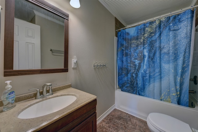 full bathroom featuring shower / bath combo, vanity, and toilet