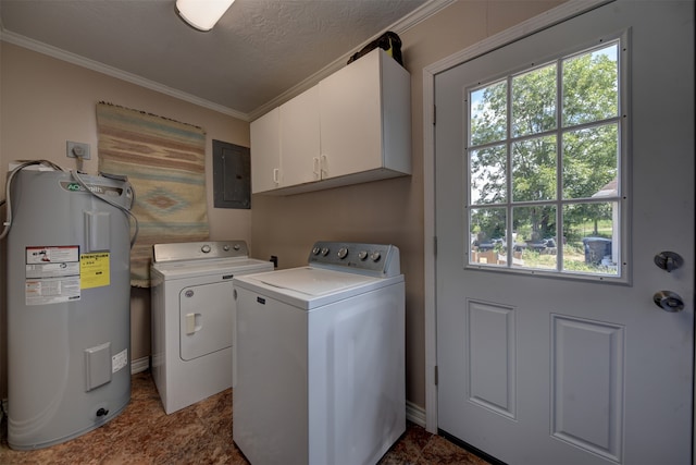 laundry area with cabinets, electric water heater, crown molding, independent washer and dryer, and electric panel