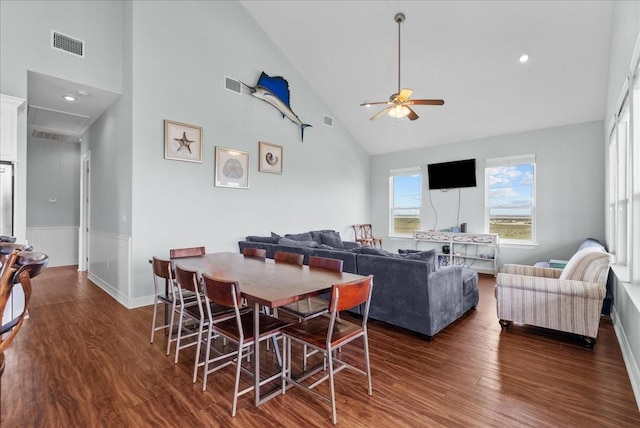 119 Velasco Shores Dr, Surfside Beach, TX 77541 - dining room with attic access, high vaulted ceiling, a ceiling fan, and dark wood finished floors