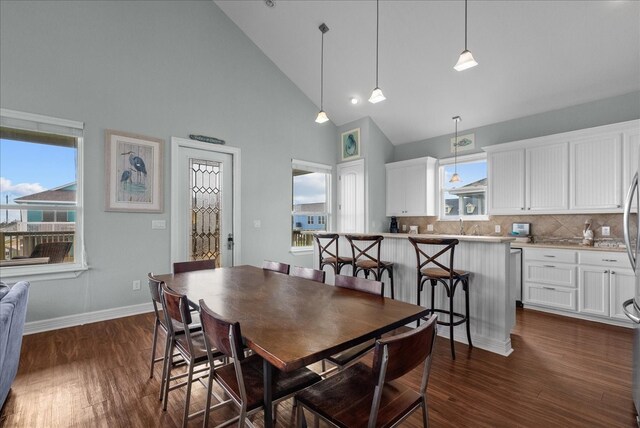 dining room featuring high vaulted ceiling and dark hardwood / wood-style flooring