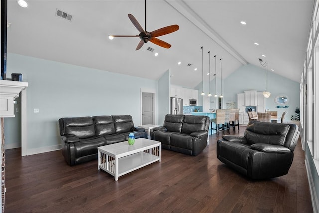 living room featuring dark wood-type flooring, beamed ceiling, high vaulted ceiling, and ceiling fan