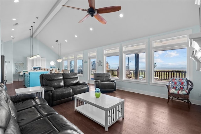 living room featuring dark wood-type flooring, ceiling fan, beamed ceiling, and high vaulted ceiling