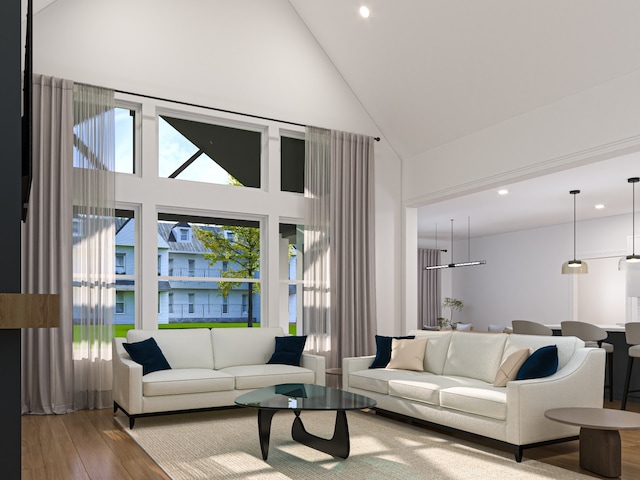 living room featuring hardwood / wood-style flooring and high vaulted ceiling