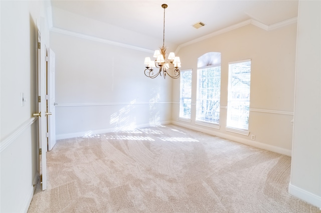 carpeted spare room featuring a chandelier, ornamental molding, visible vents, and baseboards