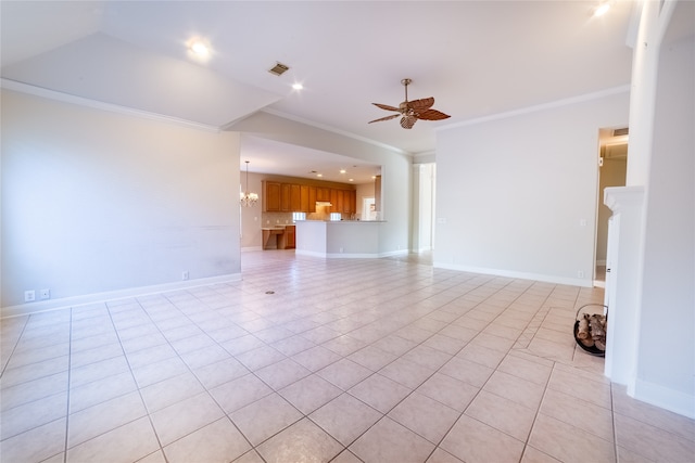 unfurnished living room with crown molding, light tile patterned floors, visible vents, baseboards, and ceiling fan with notable chandelier