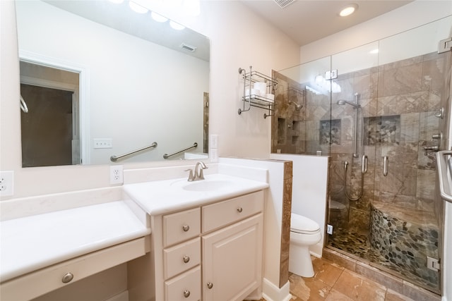 full bathroom with toilet, recessed lighting, visible vents, vanity, and a shower stall