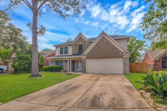 5635 Sage Manor Dr, Houston, TX 77084 - traditional-style home with concrete driveway, fence, a front lawn, and brick siding