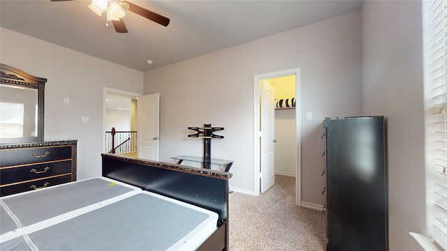 bedroom with a spacious closet, ceiling fan, and carpet