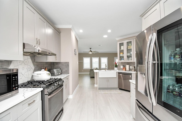 18306 Fresh Air Ct, Houston, TX 77084 - kitchen with a ceiling fan, crown molding, a sink, under cabinet range hood, and stainless steel appliances