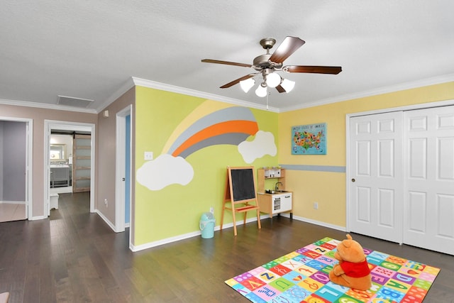 18306 Fresh Air Ct, Houston, TX 77084 - game room featuring a ceiling fan, baseboards, wood finished floors, visible vents, and ornamental molding