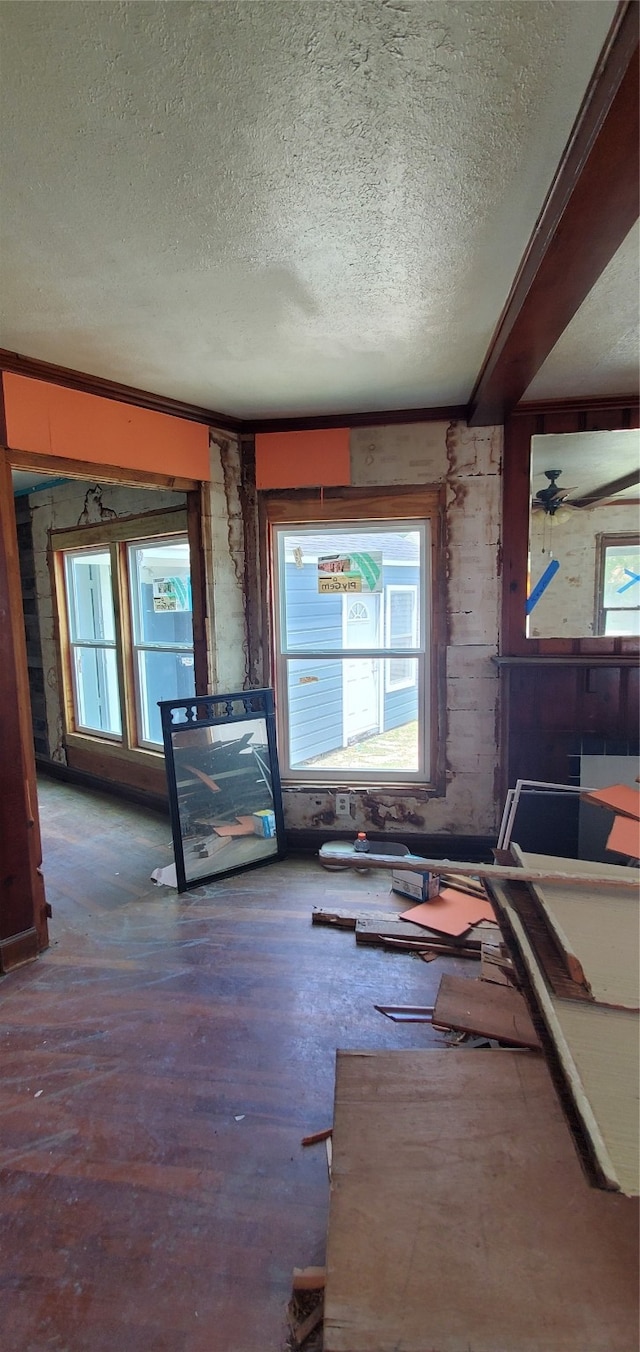 interior space with a textured ceiling, a healthy amount of sunlight, and ceiling fan