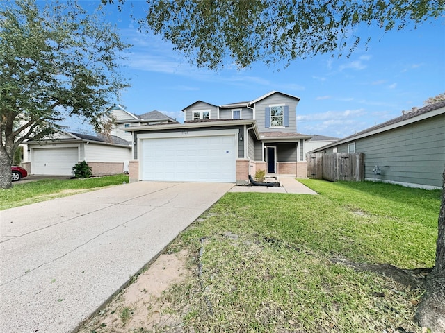 view of front of property with an attached garage, brick siding, fence, concrete driveway, and a front lawn