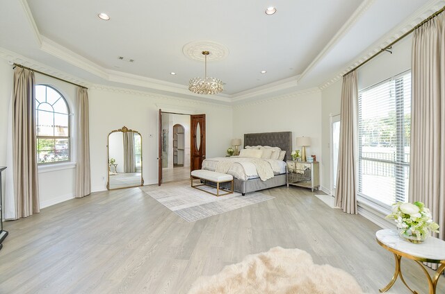 bedroom featuring a tray ceiling, multiple windows, and light hardwood / wood-style floors