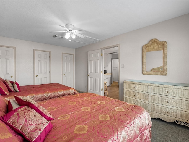 carpeted bedroom featuring ceiling fan