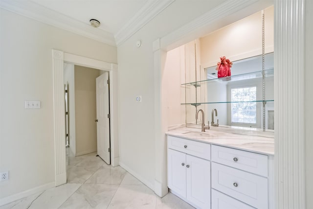 bar with crown molding, baseboards, and a sink