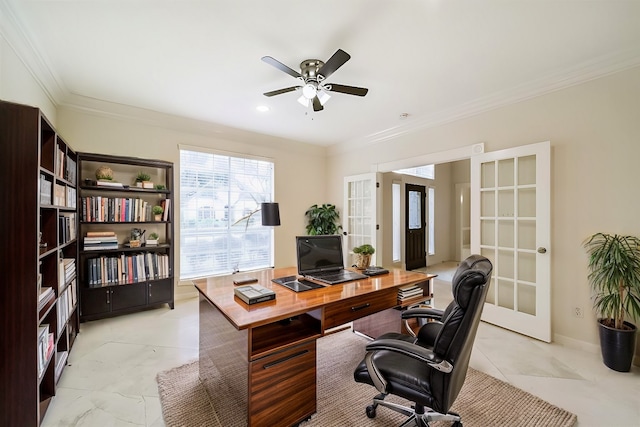 office area with french doors, a ceiling fan, and ornamental molding
