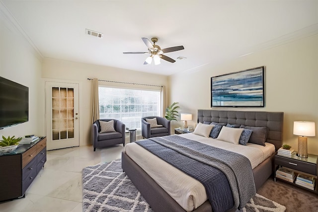 bedroom with crown molding, access to outside, a ceiling fan, and visible vents