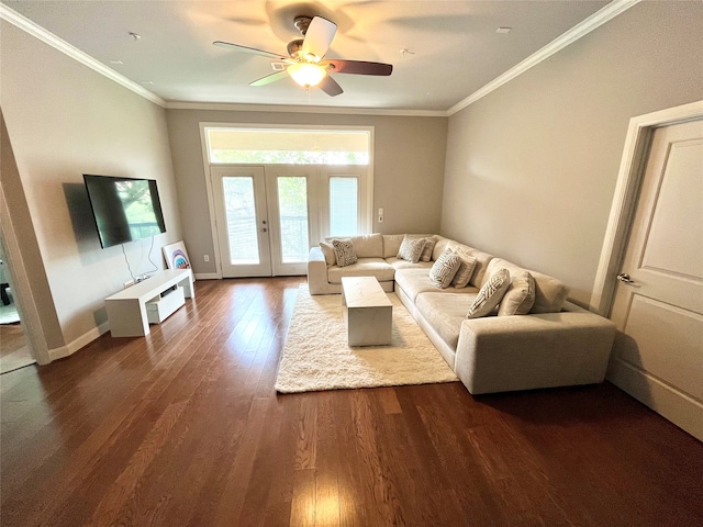 living room with french doors, ceiling fan, dark hardwood / wood-style flooring, and ornamental molding