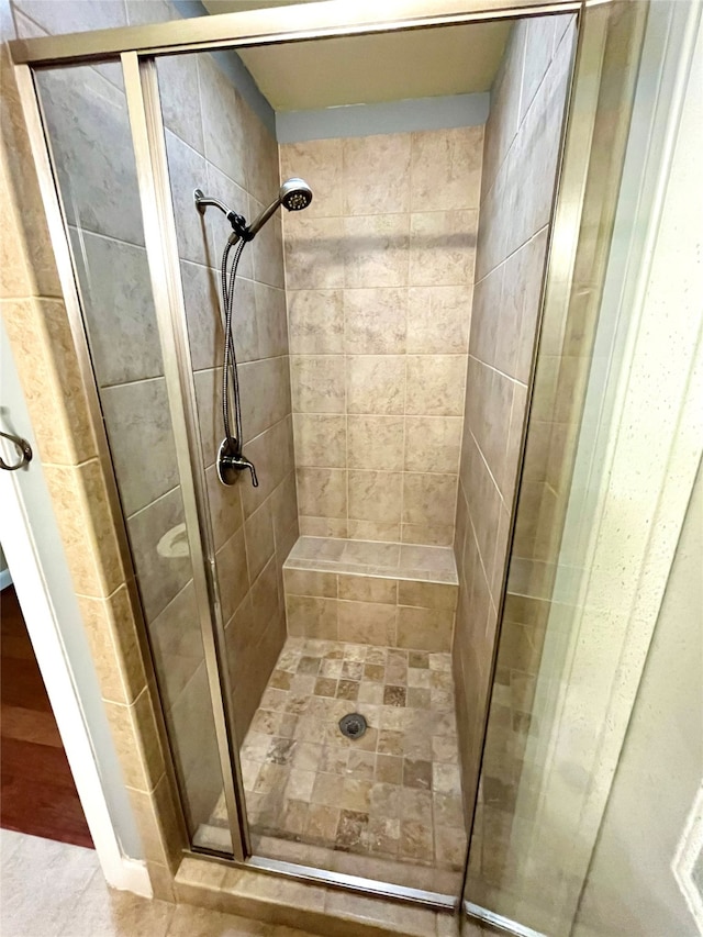 bathroom featuring a shower with door