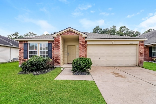 single story home with a garage and a front yard