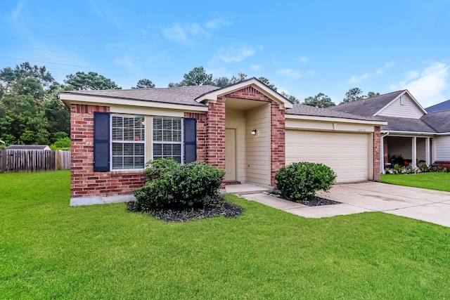 ranch-style house with a garage and a front lawn