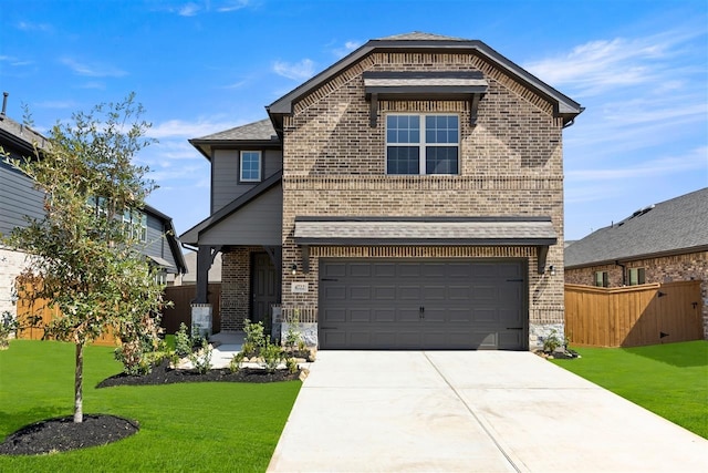 view of front of property featuring a front lawn, fence, brick siding, and driveway