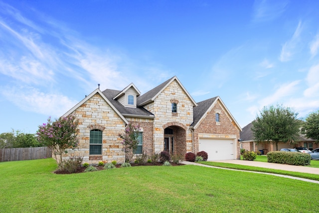 view of front of property featuring a front yard and a garage