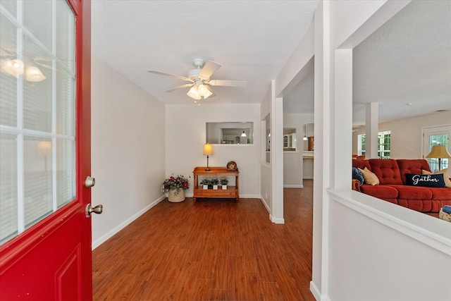 foyer entrance with a textured ceiling, hardwood / wood-style flooring, and ceiling fan