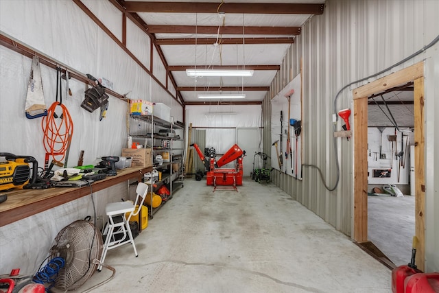 garage with a workshop area