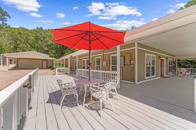 deck with an outbuilding