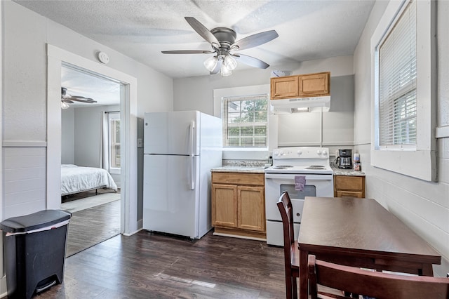 kitchen with a textured ceiling, ceiling fan, white appliances, and dark hardwood / wood-style flooring