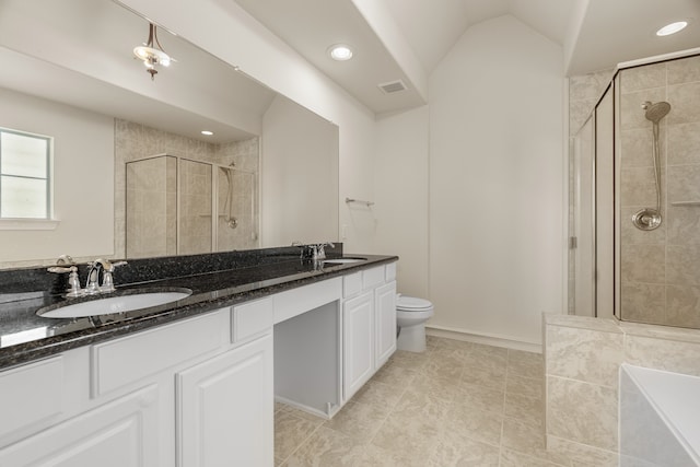 full bathroom with tile patterned flooring, vaulted ceiling, toilet, independent shower and bath, and vanity