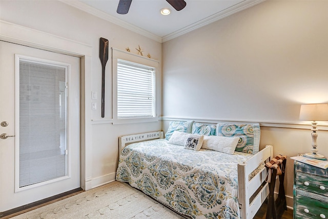 bedroom with a ceiling fan, baseboards, crown molding, and recessed lighting