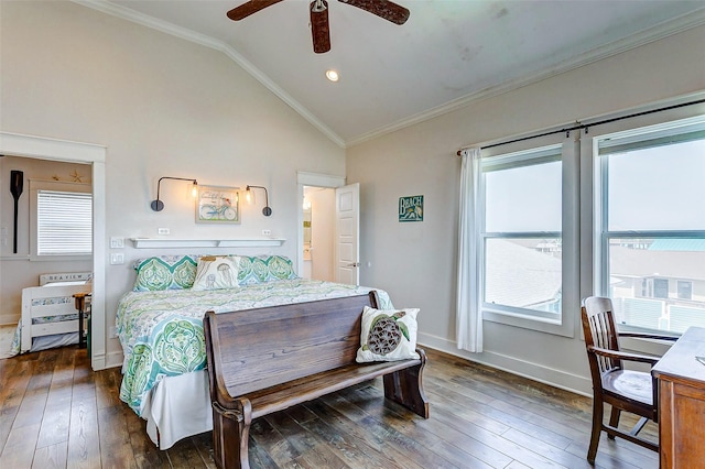 bedroom featuring baseboards, lofted ceiling, ceiling fan, dark wood-style flooring, and crown molding