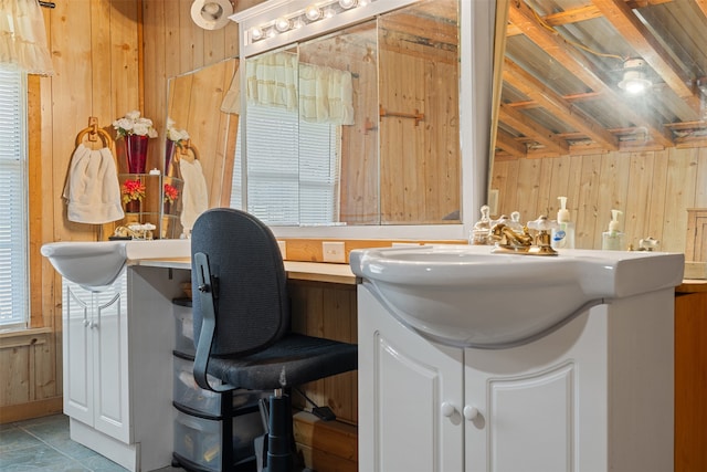 tiled office space featuring wooden walls